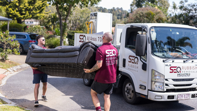 Three seater lounge being removed in Brisbane by SEQ Rubbish Removals